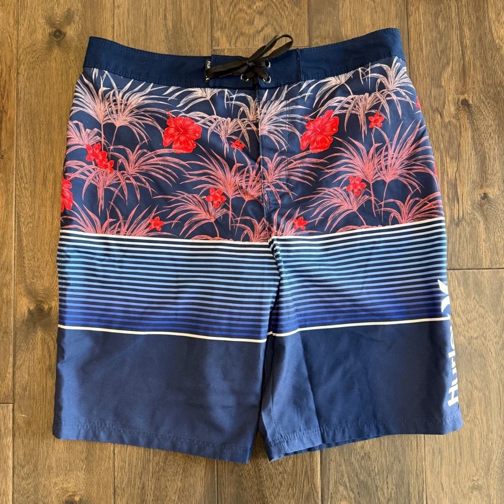 Hurley Board Shorts Kids Size 18/29 Navy Blue New Tropical Floral Striped Trunks